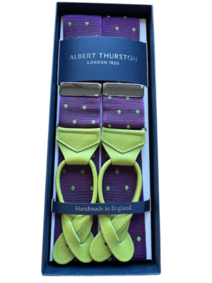 Albert Thurston Navy/Green Polka Dot with Lime Green Leather ends silver fitting