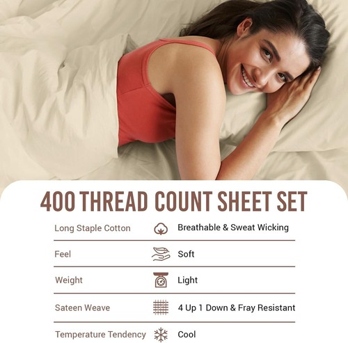 Hypoallergenic 400 Thread Count Cotton Sheets for California King - 4 Piece Set - Picture 6 of 8