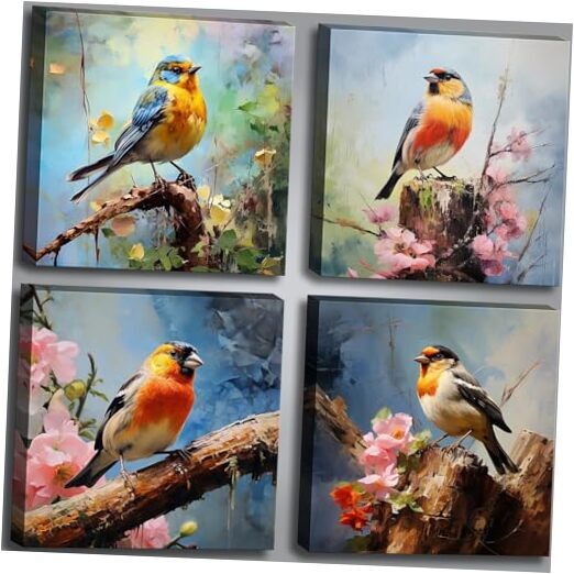 Canvas Wall Art Paintings With Flowers for 16x16inches*4pcs Colorful Birds