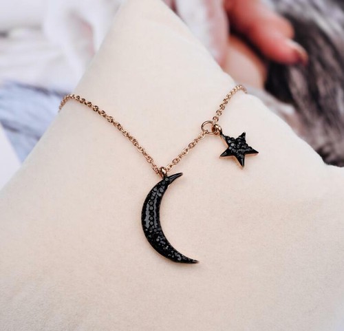 Pave Black CZ Rose Gold Titanium S. Steel Moon Star Pendant Chain Necklace - Picture 2 of 3