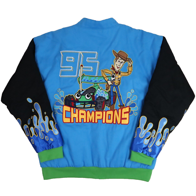 Disney Toy Story Racing Jacket Coat Medium Blue Woody Pizza Planet