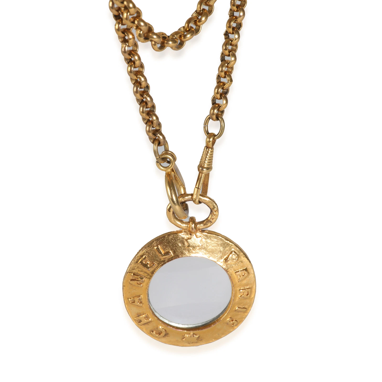 Collana con ciondolo lente di ingrandimento Chanel vintage placcata oro giallo