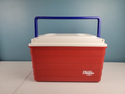 Vintage IGLOO Picnic Basket Red Cooler w/ 4 Drink White Lid Top and Blue Handle