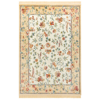 Orientalischer Samt-Teppich Fransen Oriental Flowers Creme Cord