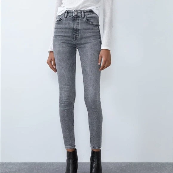 ZARA Women s Light Grey Distressed High Waisted Skinny Stretch