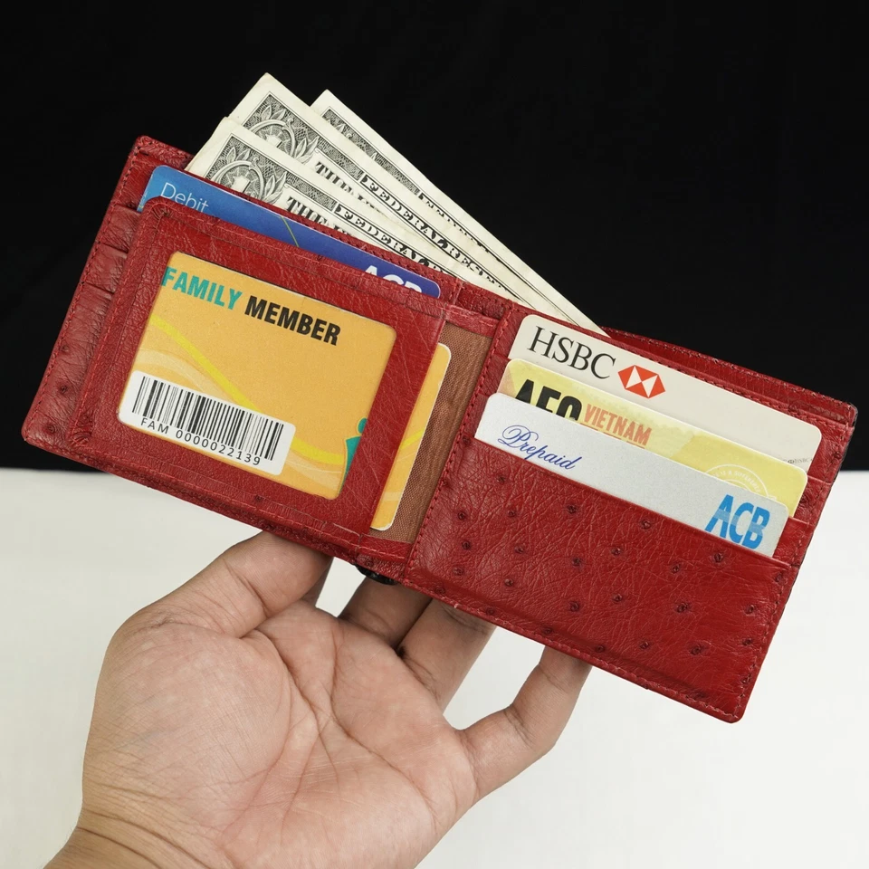 Cartera plegable de cuero negro/avestruz de cocodrilo/rojo para hombre Foto 3 de 4