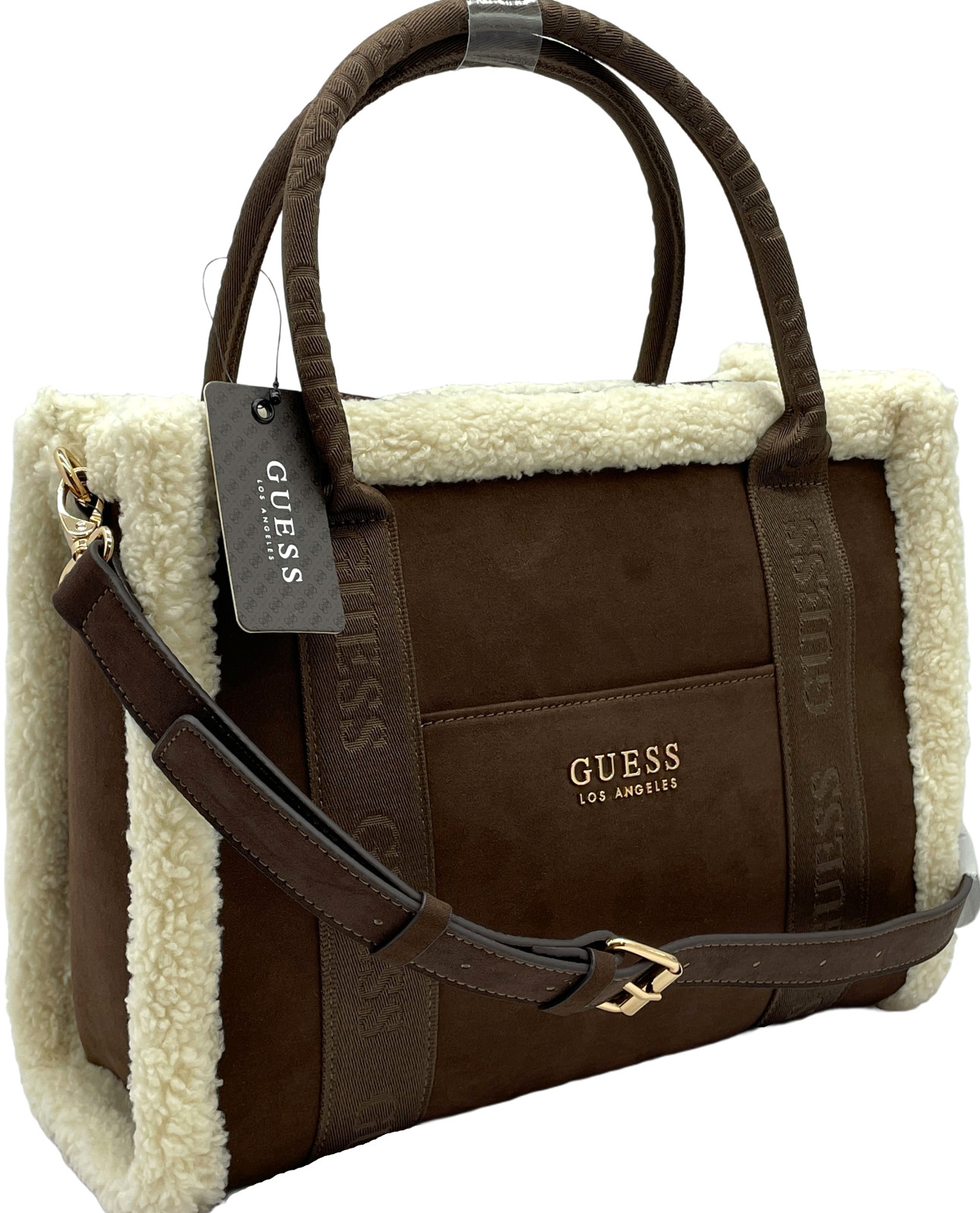 GUESS Biscoe LOGO SATCHEL TOTE & CROSSBODY BAG HANDBAG Brown AUTHENTIC New BNWT