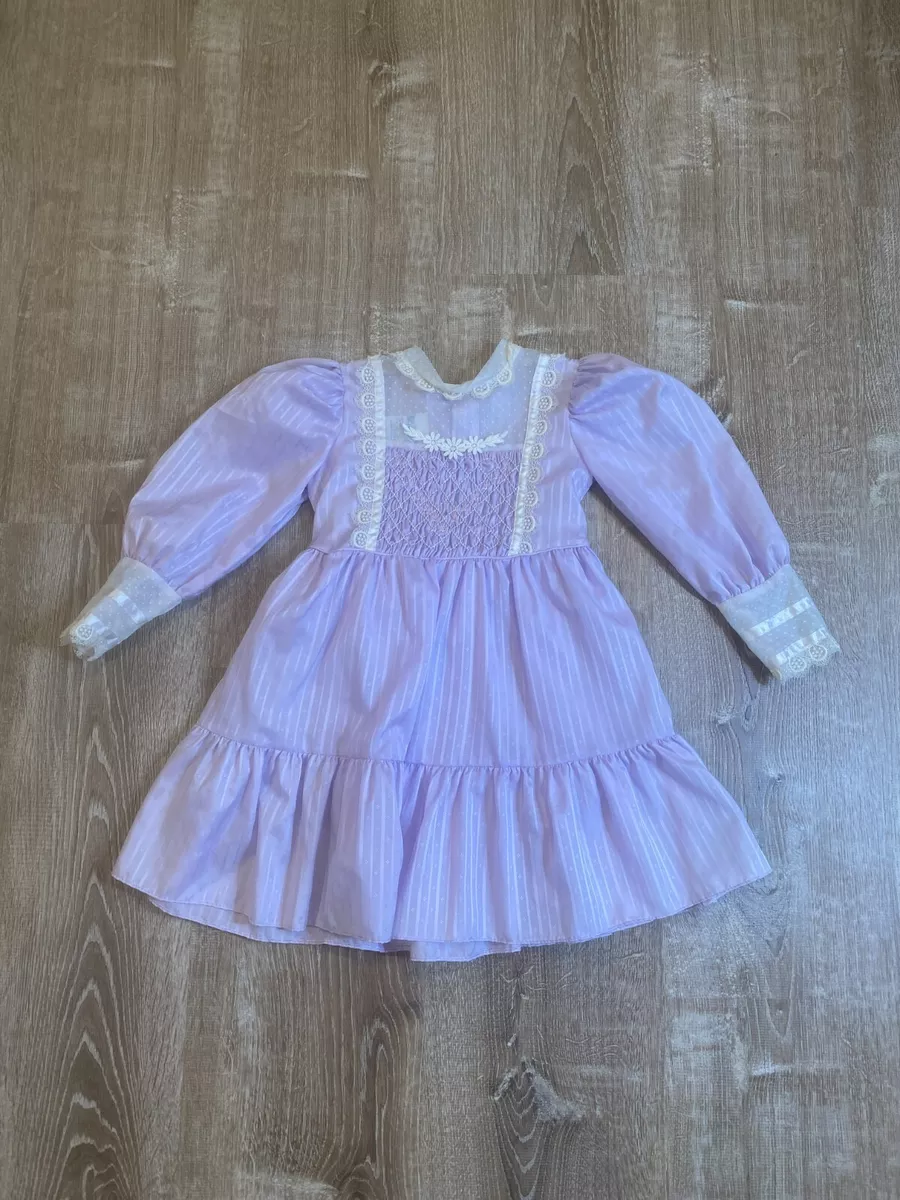 Vintage POLLY FLINDERS Dress Girls 5 Hand Smocked Purple long sleeve lace EUC