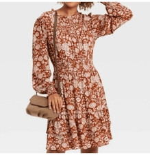 NWT Knox Rose Cave Long Sleeve Smocked Peasant Dress Rust Brown Floral XXL