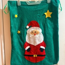 Santa Claus Christmas Gift Bag With Drawstring 19x14 Inches Felt Fabric Green 