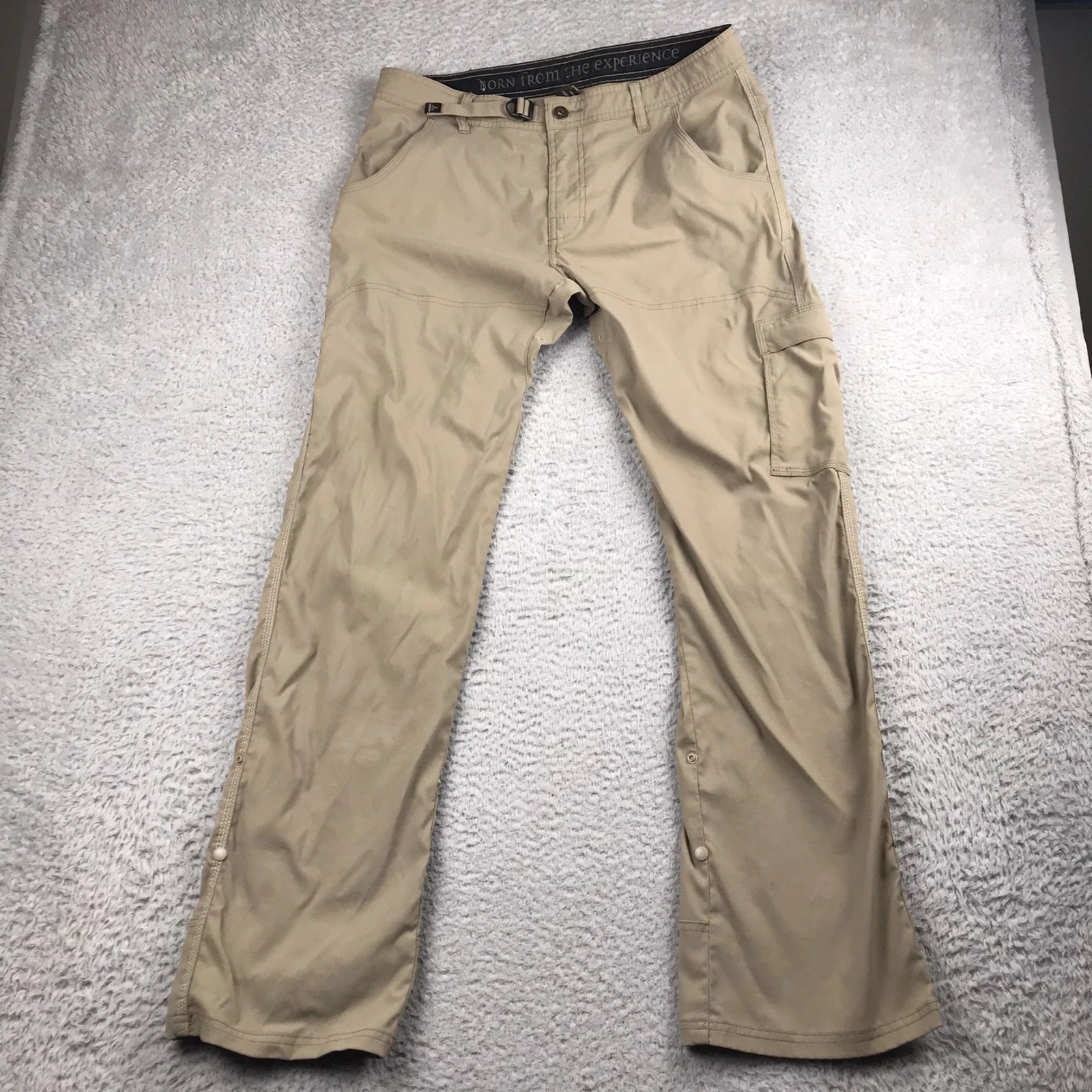 PrAna Stretch Zion Pants Mens 34 (35x32) Khak Belted Performance Hiking Climbing