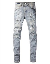 Men's Light Blue Denim Jeans Slim Fit Casual Pants Ripped Printed Trousers Punk