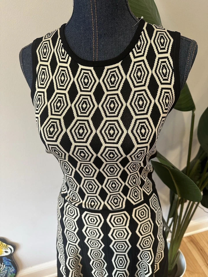 Vestido Rosa Tartán Blanco y Negro Hexágono Nuevo con Etiquetas Tejido Ajuste Acampanado XS Foto 2 de 4