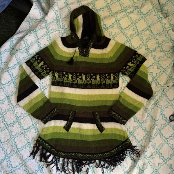 Green Alpaca Made in Peru Jumper S XS Wool Sebsatex Sweater Fringe Hood Boho