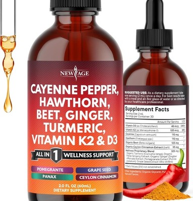 Cayenne Pepper Supplement Liquid Drops + Hawthorn Berry Vitamin D3 K2 - 2 oz.