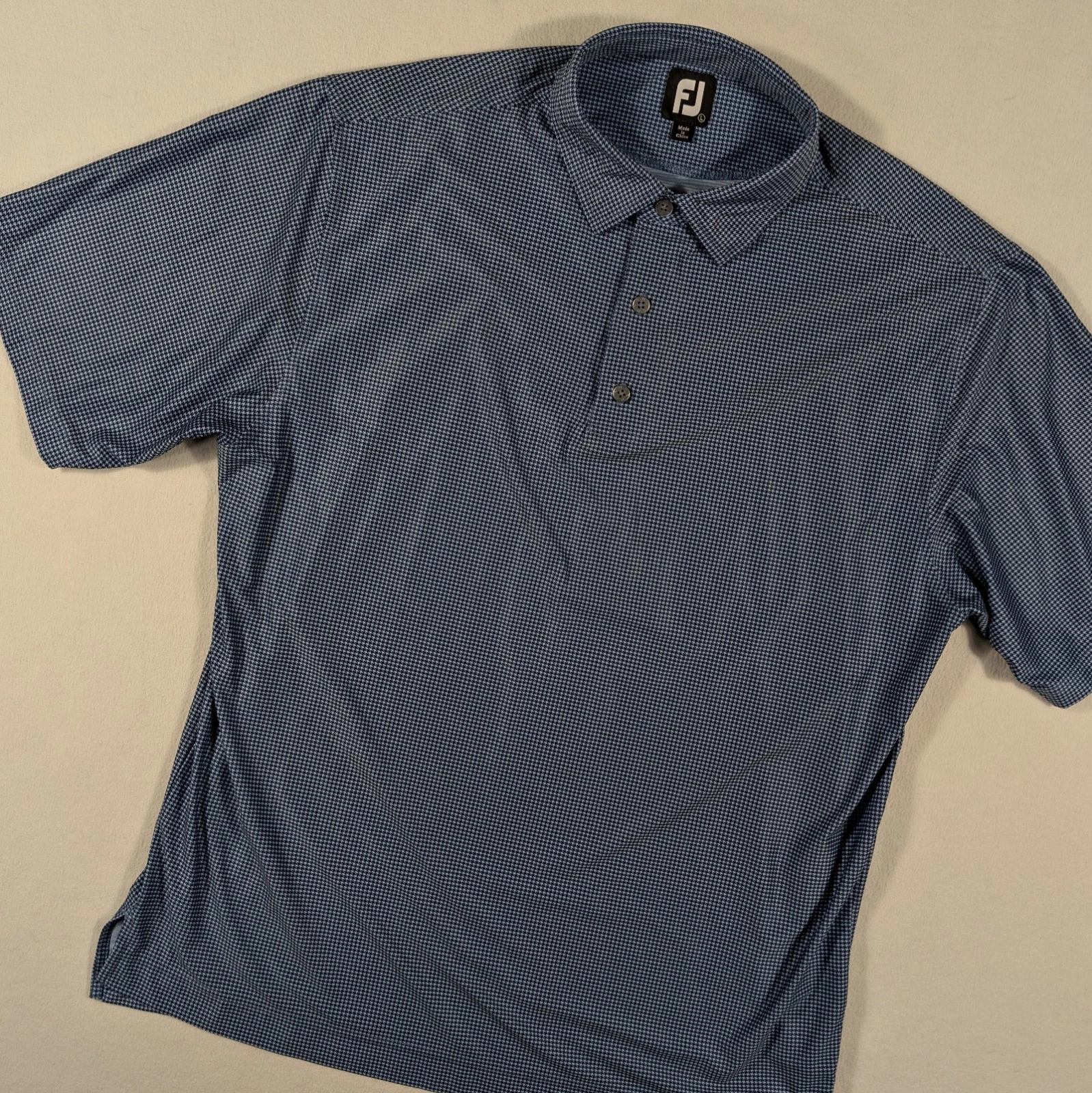 FootJoy Men's L Blue Houndstooth Short Sleeve Lightweight Button Up Polo Shirt