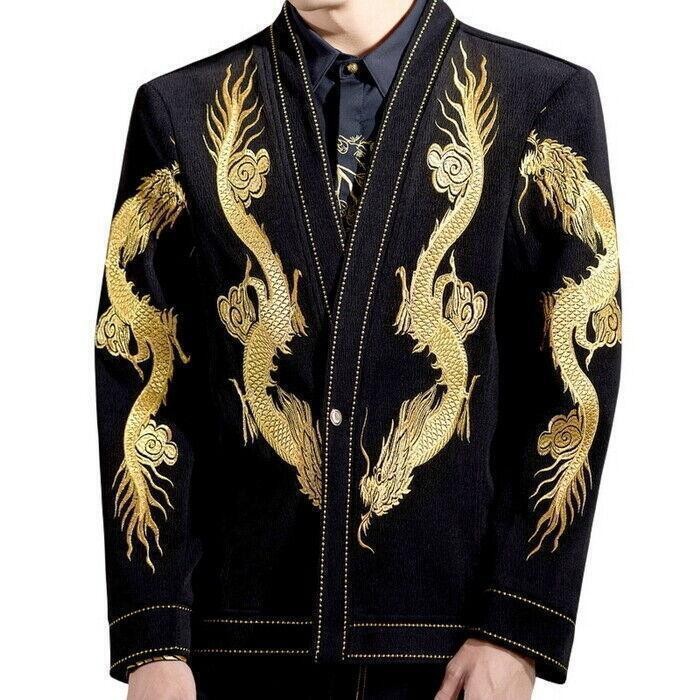 Mens Costume Coat One Button Dinner Jacket Japanese Pattern Embroidery Dragon