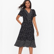 Talbots 8 Black White Floral Flutter Sleeve Midi Dress Pockets
