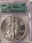2002 Silver American Eagle $1 .999 1oz  - ICG MS-70 DCAM-milk spot obverse