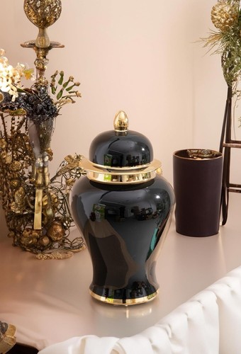 Barattolo Zenzero Nero con Bordo Oro, Vaso Zenzero Decorazione per Centrotavola - Foto 2 di 5