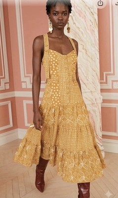 Ulla Johnson Stevie Dress Ochre Batik Yellow Patchwork Tiered Denim Midi Size 4