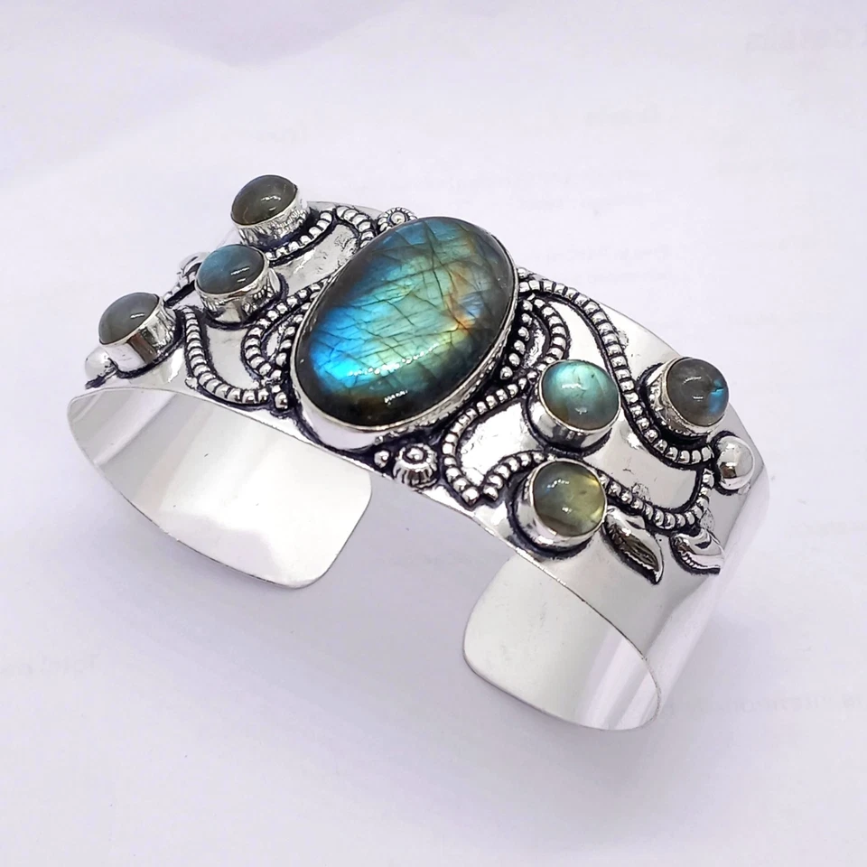 925 Sterling Silver Natural Labradorite Gemstone Jewelry Handmade Cuff Bracelet - Image 3 of 3