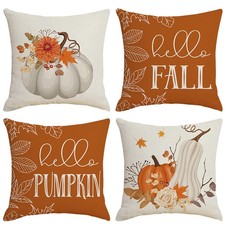 Orange Fall Throw Pillow Covers 18x18 inch Set of 4, Farmhouse Hello Fall Pum...