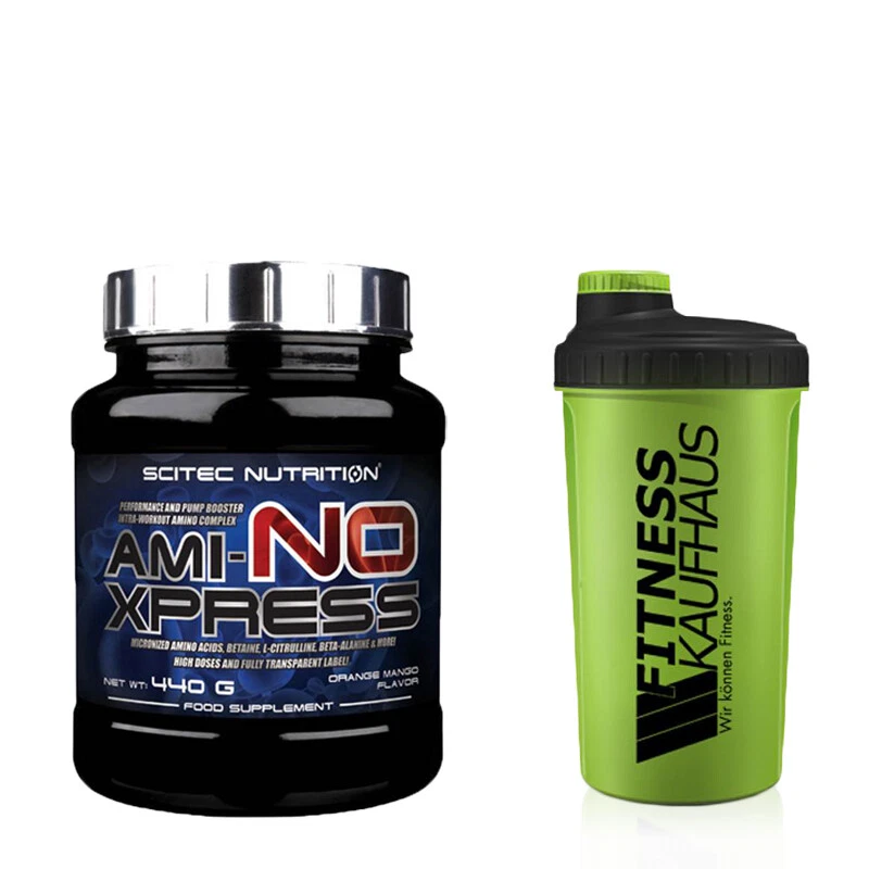 (54,32 EUR/kg) Scitec Nutrition Ami-NO Xpress 440g Dose + Fitnesskaufhaus Shaker
