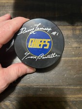 Autographed Yvon Barrette Slap Shot Hockey Puck Denis Lemiuex Beckett Signed