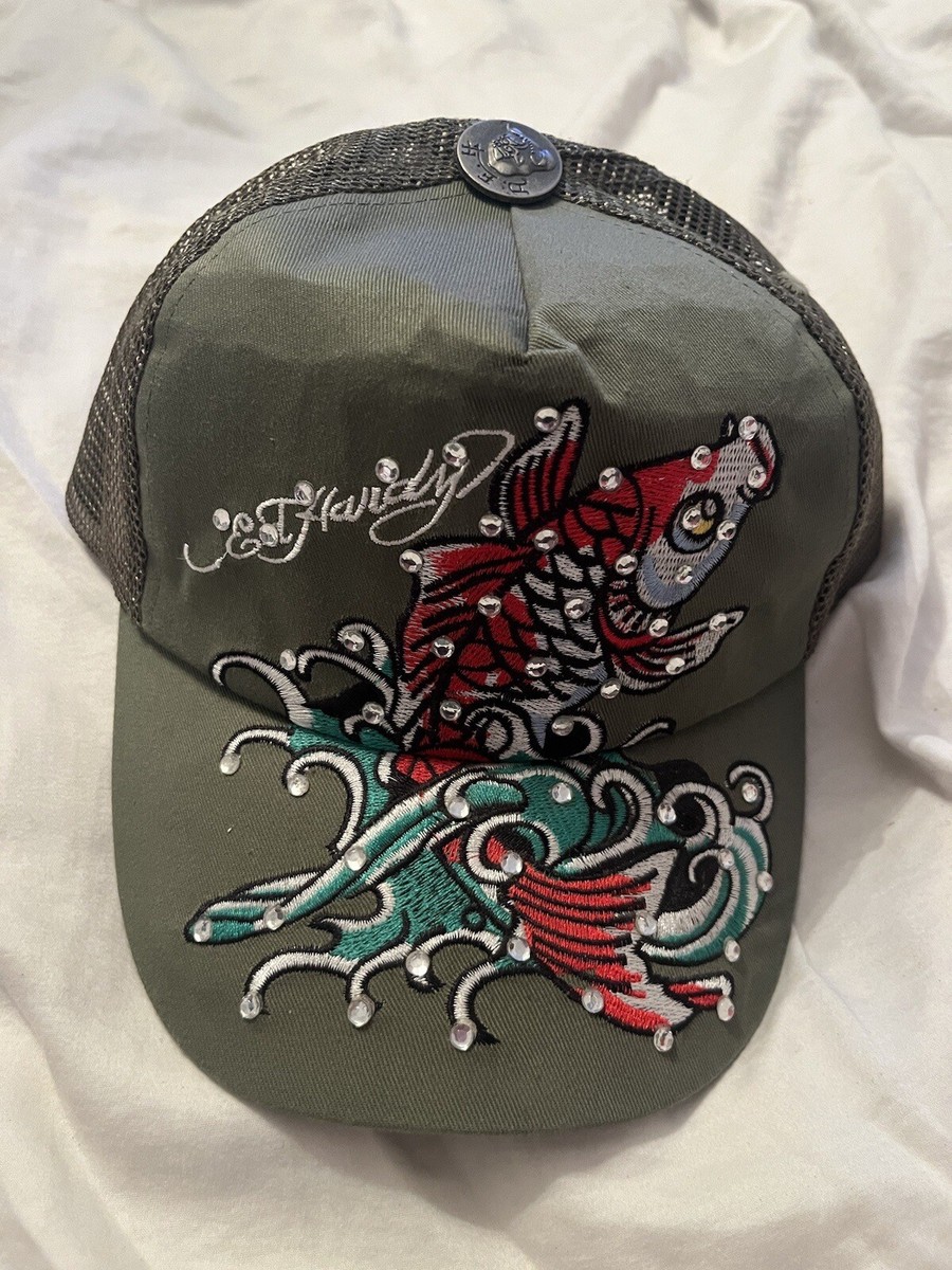 Ed Hardy Green Trucker Hat Tags 2000s Rhinestone SnapBack