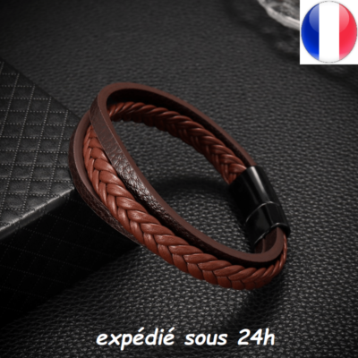 Bracelet en cuir véritable marron clair pour homme et femme