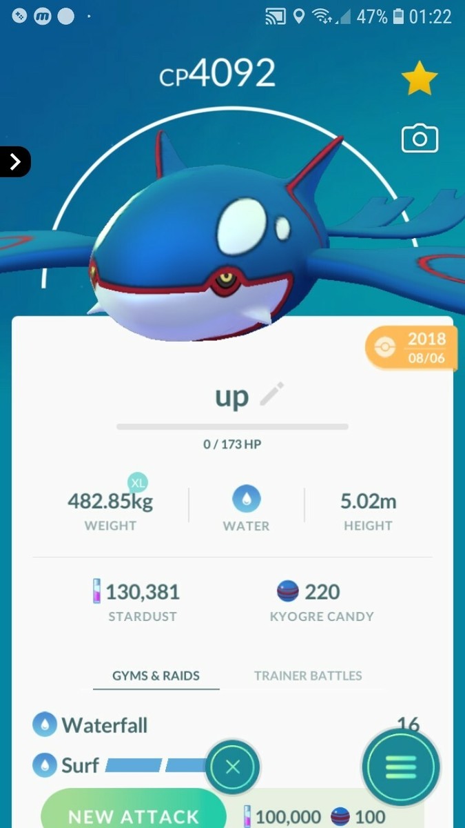 Pokémon Kyogre Maxed Out To Level 40 GO