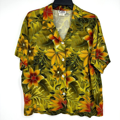 Clio Womens Large Button Up Blouse Orange Green Floral 100% Rayon Vintage SS