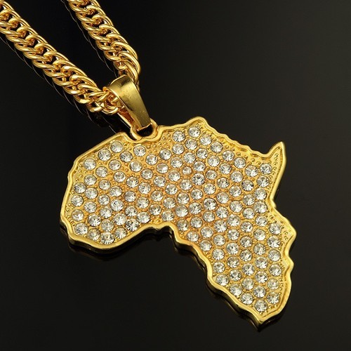 LARGE African Symbol of Unity Power Gold Plated Map Pendant Necklace Men Jewelry - Picture 10 of 11