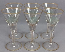 Set of 6 Bohemian Moser Type Green Enamel & Gold EMR Monogram Wine Glasses