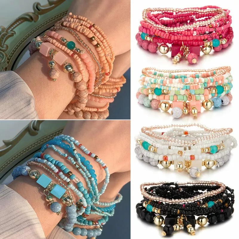 8Pcs Boho Beaded Turquoise Natural Stone Bracelet Set Charm Jewelry Women  Girl