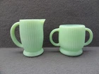 Jadeite Sugar Cream Milk Coffee Set Vtg Green Glass Ribbed Kitchen MCM 2 Piece