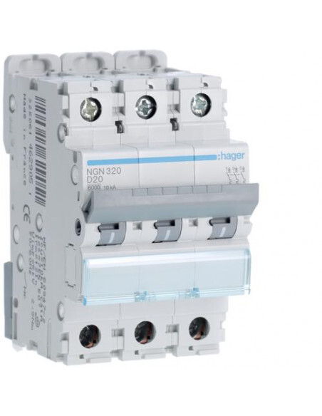 Disjoncteur Magneto-Thermique Hager NGN320 20A 3P Courbe D 6kA 10kA Dispositif de Protection 3 Mod