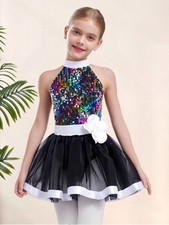 Kids Girls Dresses Stage Tutu Dress Sleeveless Dancewear Skirted Shiny Latin