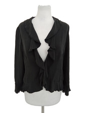 Jaeger Women's Cropped Blouse Size 12 Black 100% Silk Ruffles Long Sleeves Used