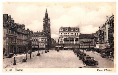 Vintage Postcard Douai France Place d Armes Clock Tower Square Old Automobiles
