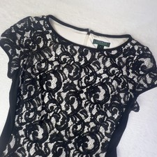 Lauren Ralph Lauren Dress Womens 6 Black Lace Sheath Short Sleeve Cocktail Party