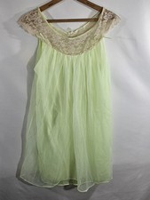 Vintage 60s Babydoll Nightgown Key Lime Chiffon Lace womens Size M USA Made