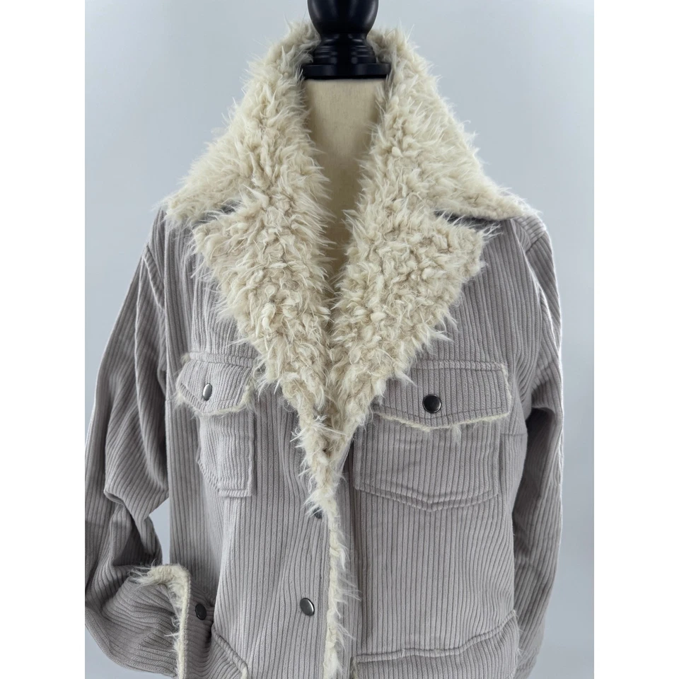 KUT from the Cloth Faux Fur Cord Jacket Gray Cream L Sherpa Coat Shirt - Image 2 of 4