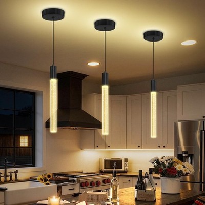 Modern Black Crystal Column Pendant Light Kitchen Island Dimmable Lighting Ad...