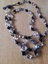 Vintage Jaeger long pendant black resin and clear crystal beaded necklace