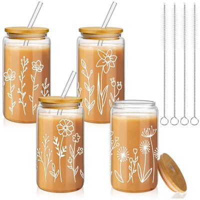 4 Pack Gift for Women Cute Glass Cup Tumbler Floral Wildflower Iced Coffee Mu...