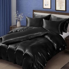 6 Pcs Black Satin Duvet Cover Full/Queen Size Set, Silky Bed Duvet Cover Ultra