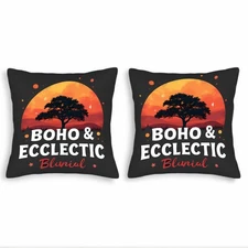 Set of 2 18x18in Throw Pillow Covers - Boho Eclectic Tree Silhouette with Sunset