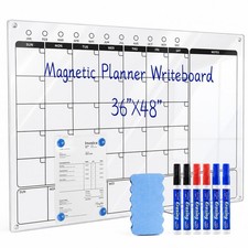 48" x 36" Magnetic Ultra-White Glass Calendar 3-in-1 Monthly Weekly Planner...